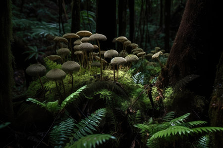 close-up of ferns and mushrooms in dark rainforest, created with generative aiの素材