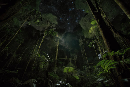 dark rainforest at night, with stars shining through the canopy, created with generative aiの素材