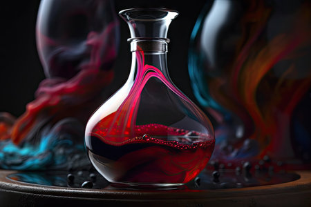 close-up of decanter with red wine, surrounded by bold and vibrant colors, created with generative aiの素材