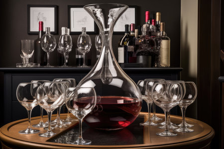 decanter surrounded by a collection of wine glasses, each one unique, created with generative aiの素材