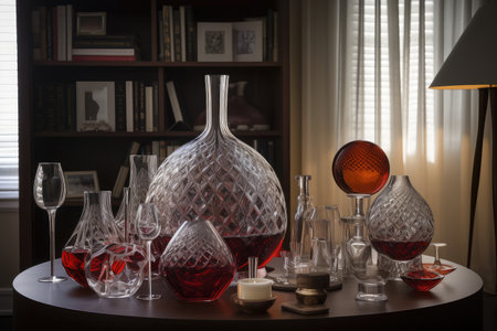decanter surrounded by a collection of wine glasses, each one unique, created with generative aiの素材