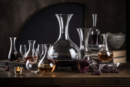 decanter surrounded by a collection of wine glasses, each one unique, created with generative aiの素材