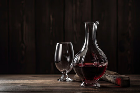 decanter with red wine, on rustic wooden table, created with generative aiの素材