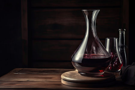 decanter with red wine, on rustic wooden table, created with generative aiの素材