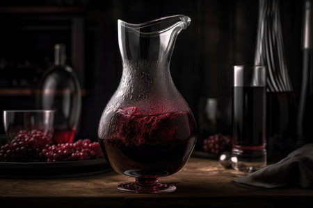 decanter filled with rich red wine, ready to be poured, created with generative aiの素材