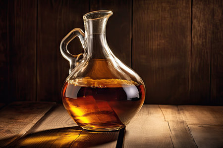 glass decanter filled with amber-colored wine, against rustic wooden background, created with generative aiの素材