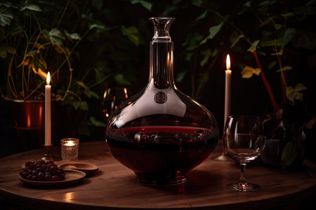 decanter with red wine, surrounded by greenery and candles, created with generative aiの素材