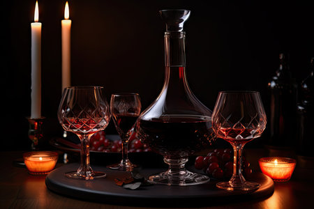 decanter with red wine, surrounded by glasses and candles, created with generative aiの素材