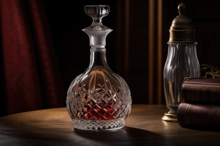 beautiful decanter with clear, glistening wine in classic crystal glass, created with generative aiの素材