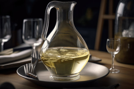 decanter filled with crisp white wine, ready to be poured at dinner party, created with generative aiの素材