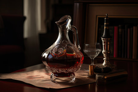decanter with vintage wine, ready for sipping, created with generative aiの素材