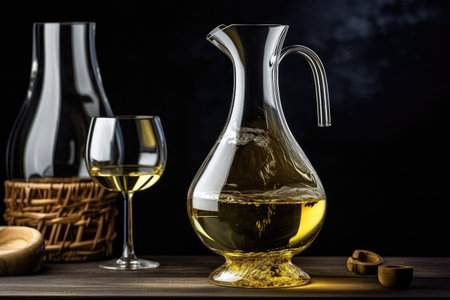 decanter filled with white wine, ready to be served, created with generative aiの素材
