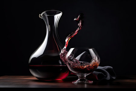 decanter filled with red wine, complementing the rich colors of the liquid, created with generative aiの素材