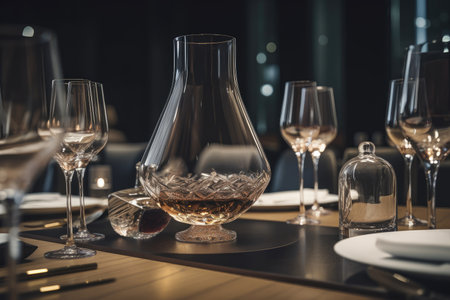 high-end restaurant, with decanter and glass setting the stage for a special wine tasting experience, created with generative aiの素材