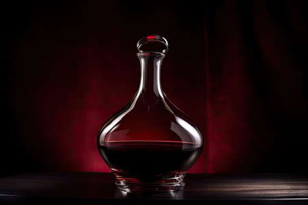 decanter filled with ruby red wine, surrounded by dark background, created with generative aiの素材