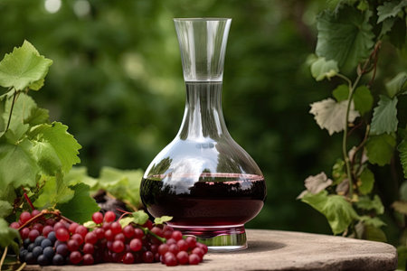 decanter with red wine, surrounded by greenery for a natural look, created with generative aiの素材