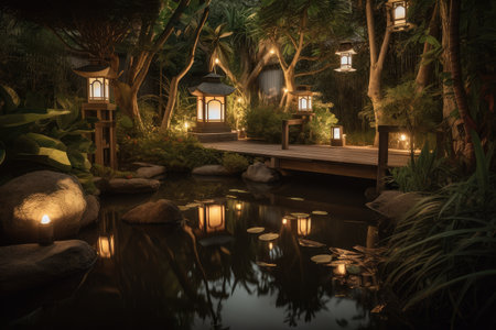 lantern-lit garden with tranquil waters is the perfect place to escape, created with generative aiの素材