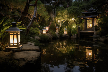 lantern-lit garden with tranquil waters is the perfect place to escape, created with generative aiの素材