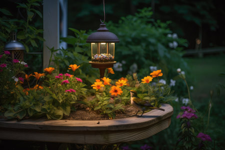 hummingbird garden with lights, flowers, and feeders, created with generative aiの素材