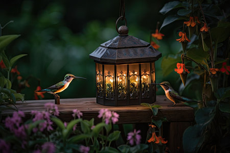 hummingbird garden with lights, flowers, and feeders, created with generative aiの素材