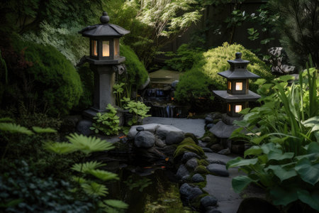 a garden setting with lanterns, koi pond, and waterfall, created with generative aiの素材
