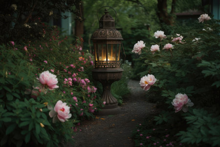 detailed lantern surrounded by blooming peonies on garden path, created with generative aiの素材