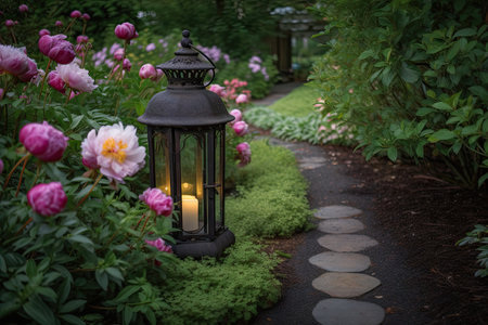 detailed lantern surrounded by blooming peonies on garden path, created with generative aiの素材