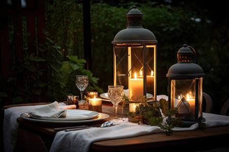 lanterns and candles set on garden table for romantic dinner, created with generative aiの素材
