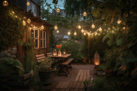 garden with lanterns and string lights, creating beautiful atmosphere, created with generative aiの素材