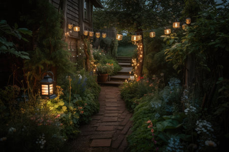garden path illuminated by lanterns and string lights, created with generative aiの素材