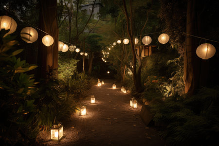 garden path illuminated by lanterns and string lights, created with generative aiの素材