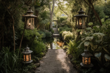 a lantern-lined garden path leading to a pool of water, created with generative aiの素材