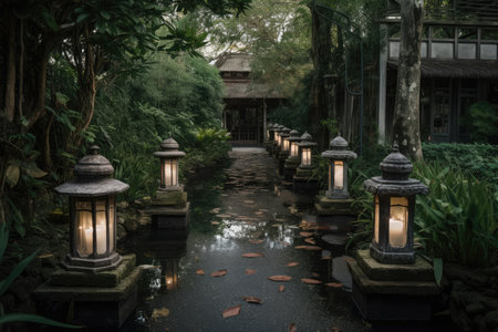 a lantern-lined garden path leading to a pool of water, created with generative aiの素材