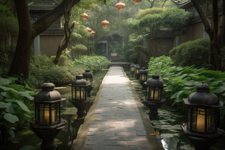 a lantern-lined garden path leading to a pool of water, created with generative aiの素材