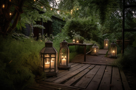 peaceful garden with soft candlelight and lanterns on a warm summer night, created with generative aiの素材