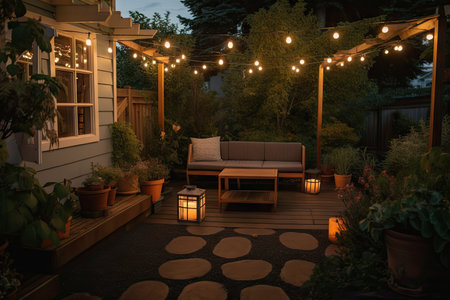 cozy garden setting with lanterns and string lights creating a warm and inviting atmosphere, created with generative aiの素材