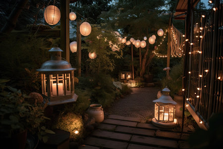 garden with lanterns and string lights illuminated at night, creating warm and peaceful atmosphere, created with generative aiの素材