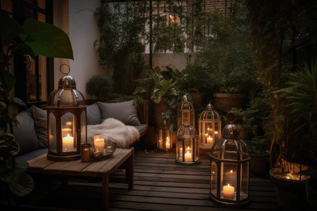 cozy garden patio with lanterns, candles, and outdoor seating, created with generative aiの素材