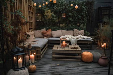 cozy garden patio with lanterns, candles, and outdoor seating, created with generative aiの素材