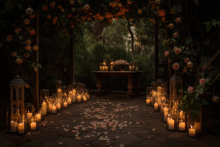 romantic garden with lanterns, candles, and rose petals, created with generative aiの素材