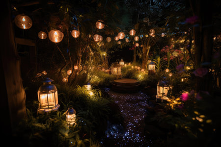 magical lantern garden, with lanterns and twinkling lights bringing to life the night garden, created with generative aiの素材