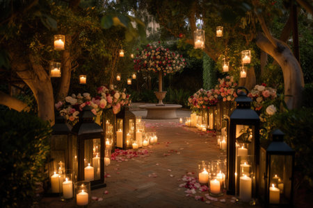 romantic garden with lanterns, candles, and rose petals, created with generative aiの素材