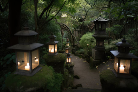 serene garden with lanterns and candles lighting the way, created with generative aiの素材