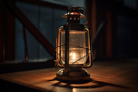 close-up of lantern with flickering candle, casting warm glow, created with generative aiの素材