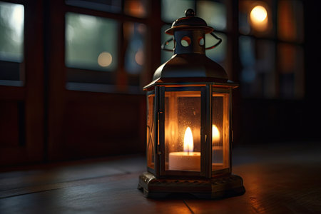 close-up of lantern with flickering candle, casting warm glow, created with generative aiの素材