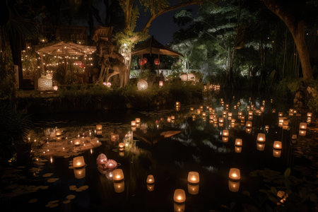 magical garden filled with lanterns, twinkling stars and ponds, created with generative aiの素材