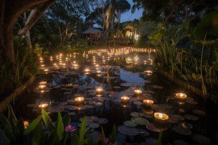 magical garden filled with lanterns, twinkling stars and ponds, created with generative aiの素材