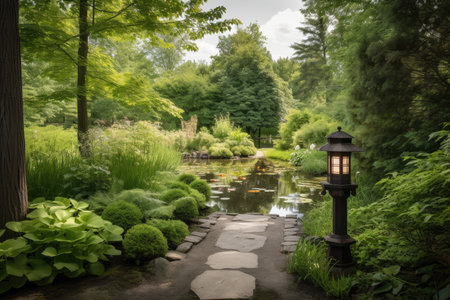 lantern-lined path leading to serene garden pond, created with generative aiの素材