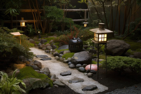 zen garden with lanterns and trickling water feature, created with generative aiの素材