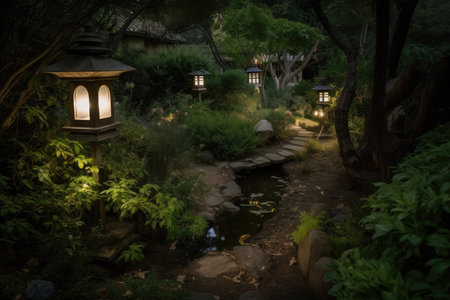 a serene garden with lanterns, fireflies, and a babbling stream, created with generative aiの素材